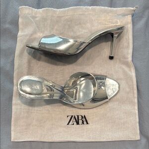 Zara Silver Strappy Heels with Pointed Toe